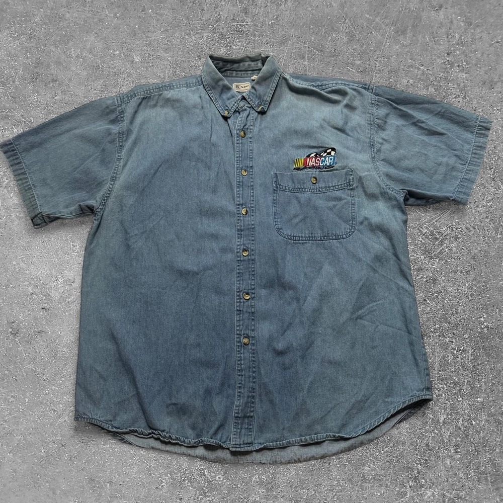 The Game NASCAR Racing Blue Denim Button Up Shirt Mens XL Short Sleeve Vintage
